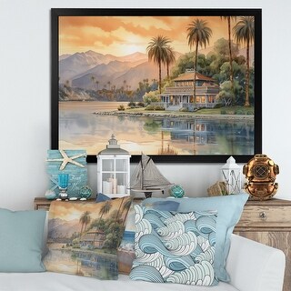 Designart "Drawing Of House By The Water At Sunset" Modern Landscape Beach Framed Canvas Art